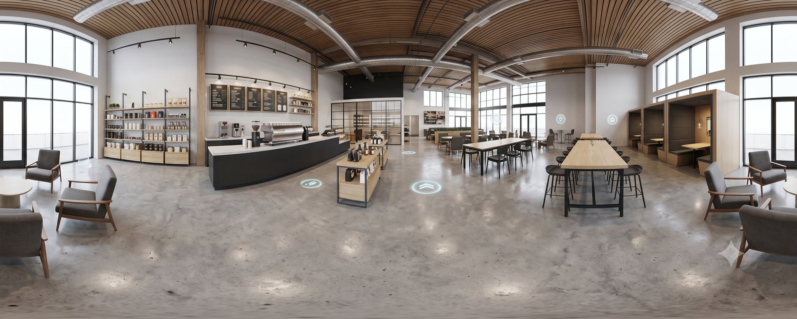 Modern business interior with seating and counter area