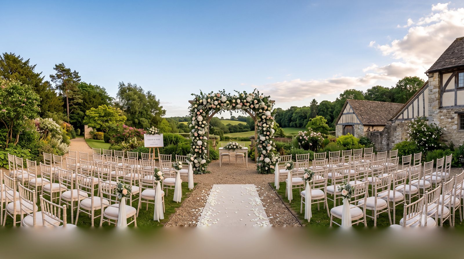 Outdoor wedding ceremony setup in a garden venue